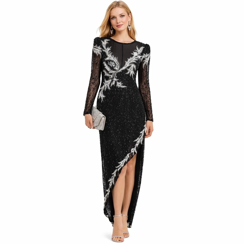 A.J. Bari Beaded Silk Gown Womens 6 Black Silver Vintage 80s Asymmetrical Formal